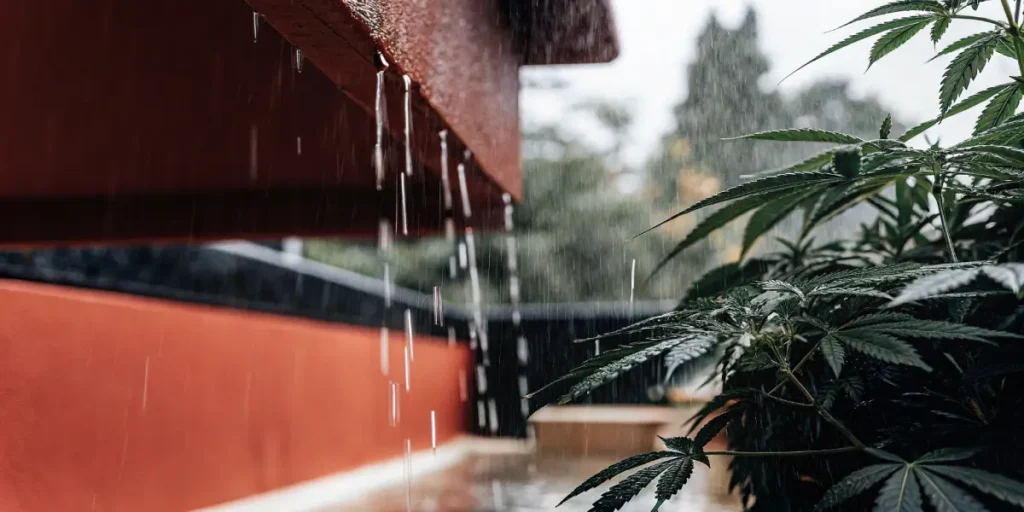 Cannabis plant soaking rainwater under a red-roofed structure.