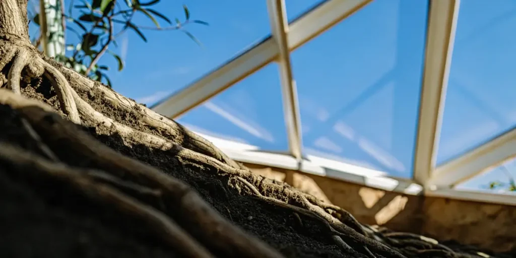 Exposed cannabis plant roots in a well-lit indoor garden environment, showing healthy development.