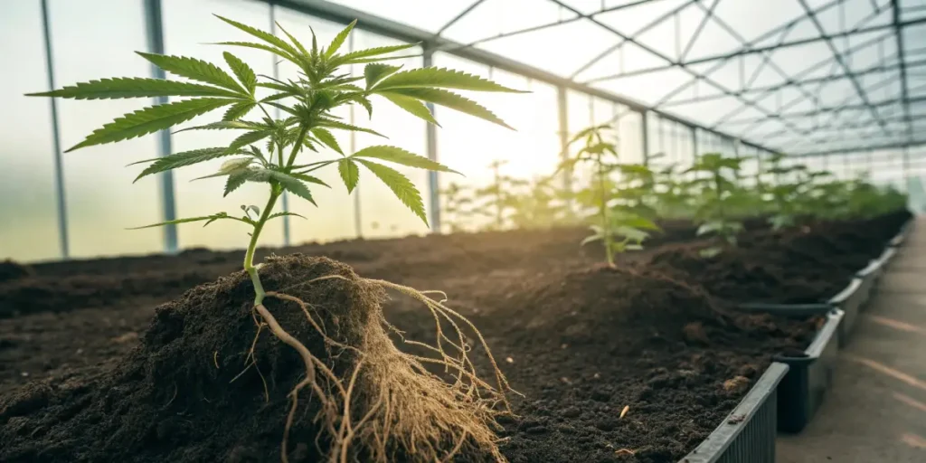 Cannabis plant in a greenhouse with exposed roots and soil cube.