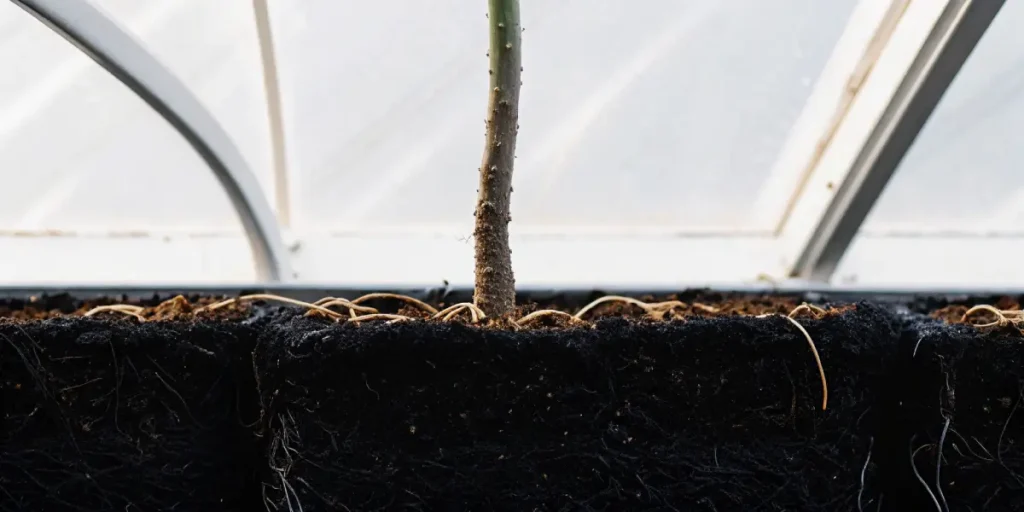 Close-up of a cannabis plant with visible roots growing in rich organic soil inside an indoor grow room.