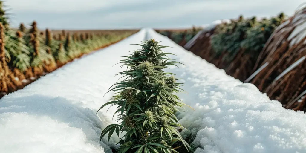 cannabis plant growing in a snow-covered field with clear sky