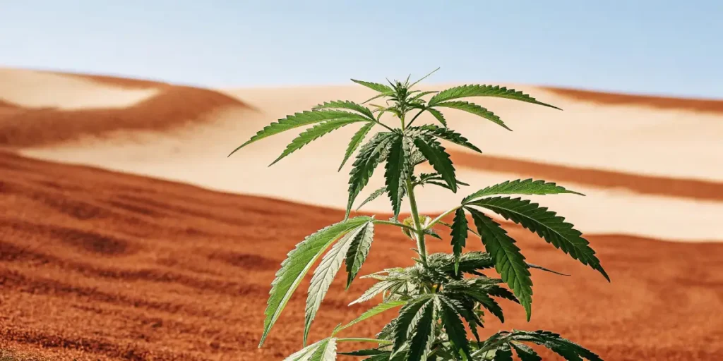 cannabis plant standing tall in a sunlit desert with red and beige dunes