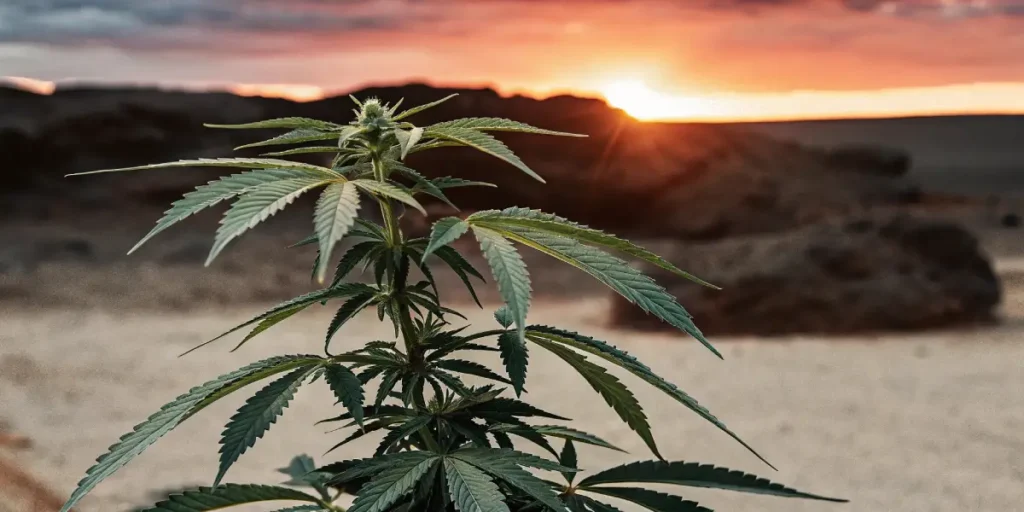 Cannabis plant growing in a rocky desert at sunset.