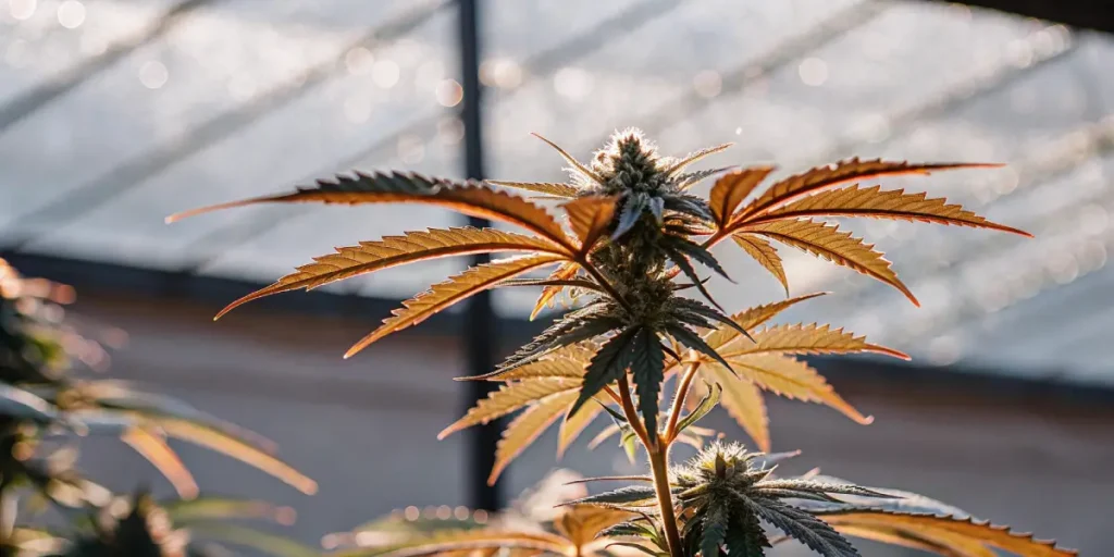 Close-up of a cannabis plant with vibrant orange leaves growing under LED lighting in a greenhouse.