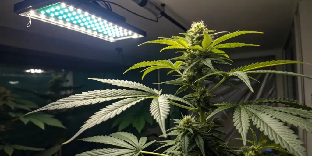 cannabis plant thriving under LED grow lights in an indoor cultivation room