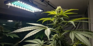 cannabis plant thriving under LED grow lights in an indoor cultivation room