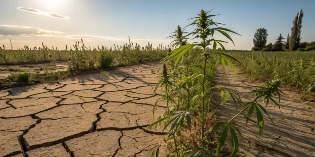 cannabis plants struggling in a cracked, drought-affected outdoor field