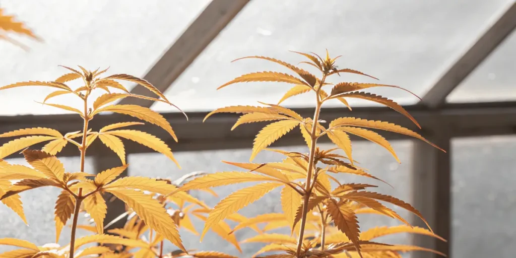 Cannabis plants with yellow leaves illuminated by sunlight inside a greenhouse.