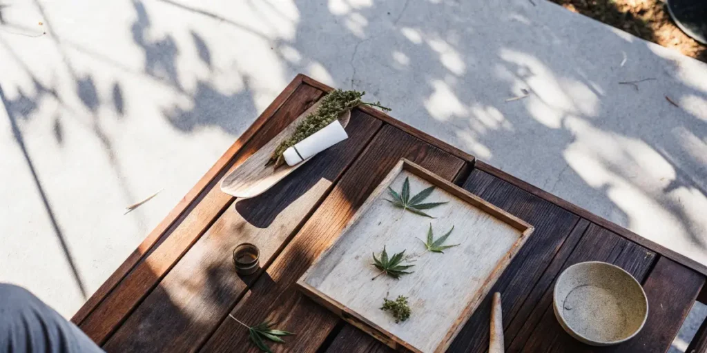 Outdoor wooden table with cannabis leaves, buds, and rolling paper under dappled sunlight.