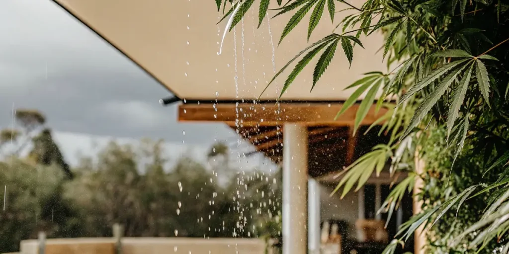 Cannabis leaves under an outdoor shelter with raindrops falling around them.