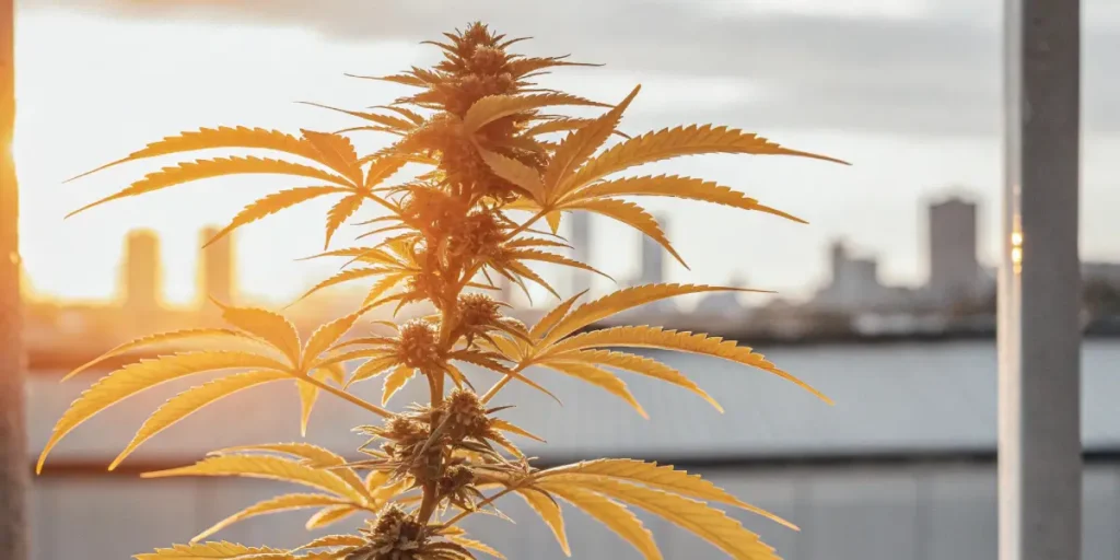 Cannabis plant bathed in golden sunset light on a city rooftop.
