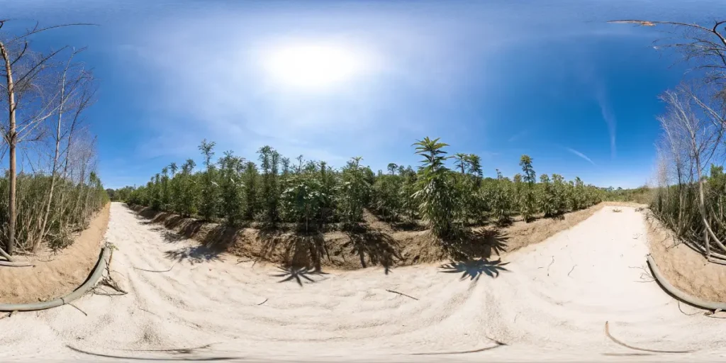 Macro shot of a cannabis root system spreading across the forest floor with organic mulch.