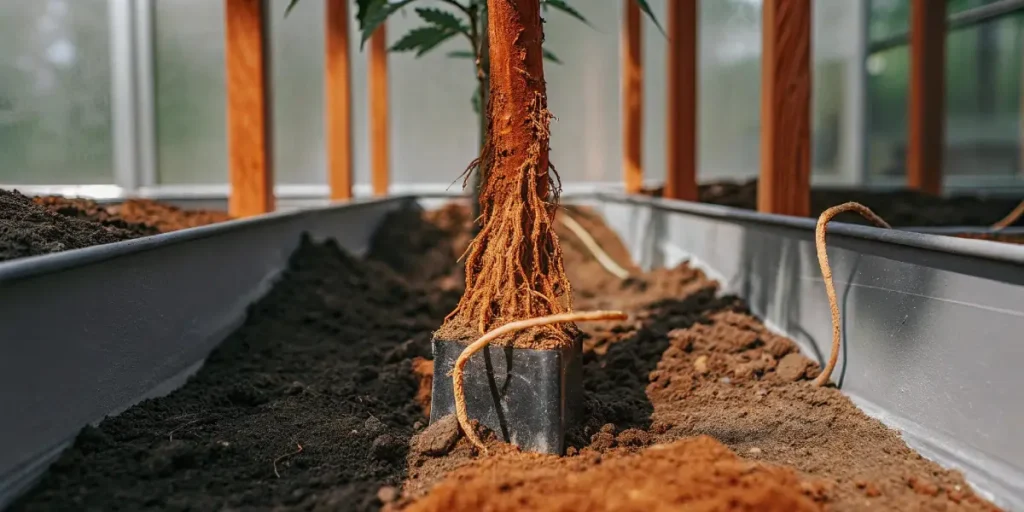 Dense cannabis rootball emerging from a pot in a soil-filled tray.