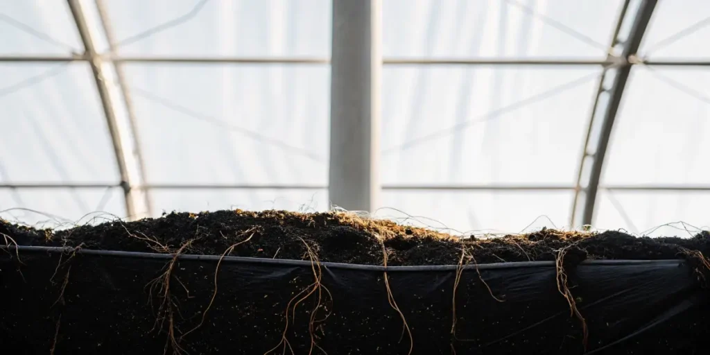 Side view of exposed cannabis roots hanging beneath a soil grow bed in a greenhouse.