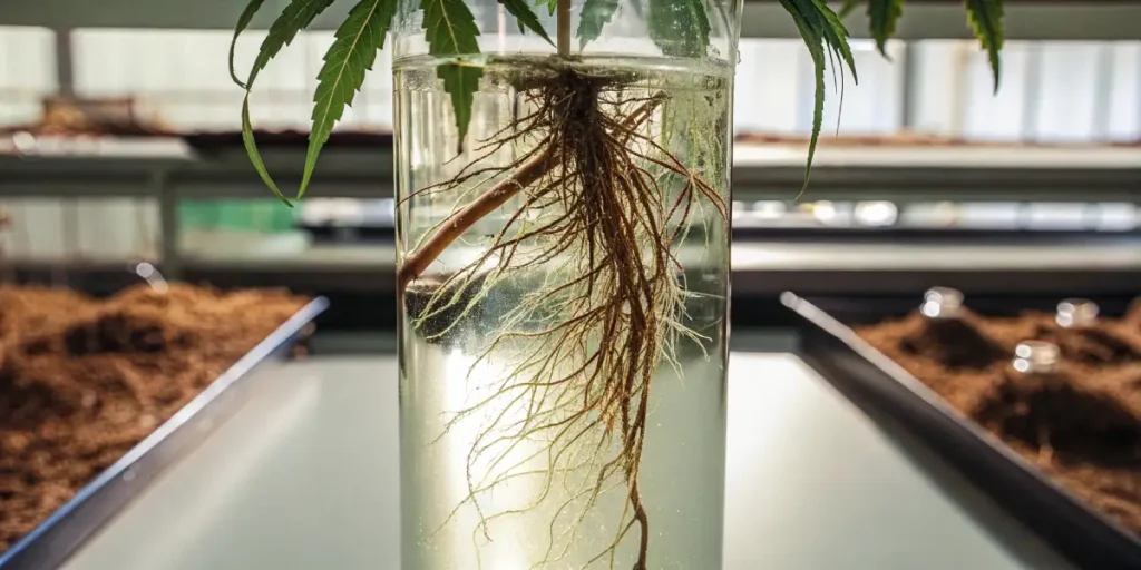 Cannabis plant roots growing in a clear glass container hydroponic system