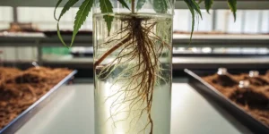 Cannabis plant roots growing in a clear glass container hydroponic system