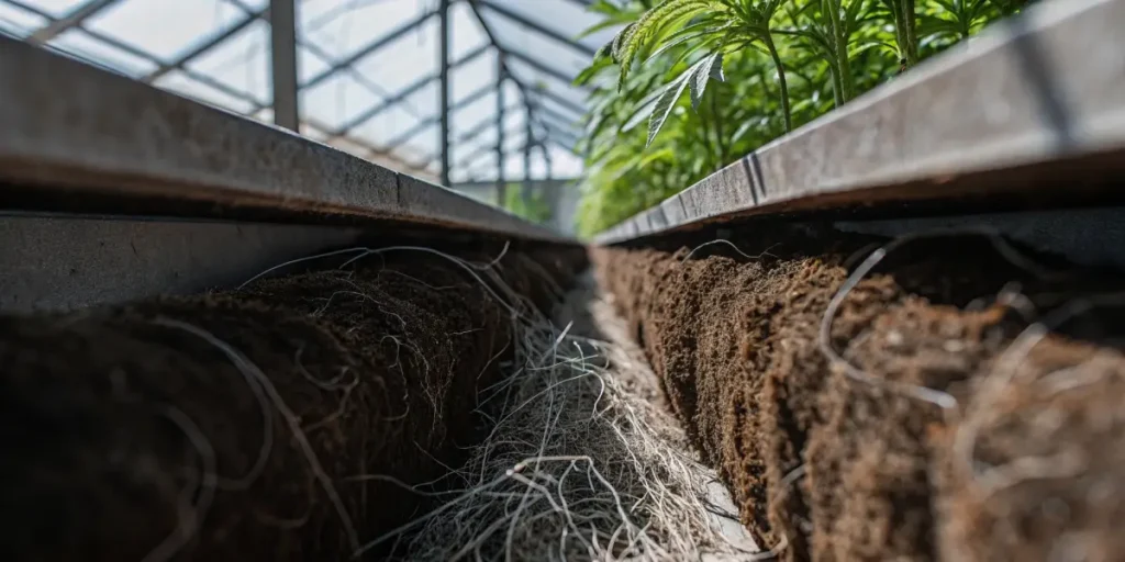 Close-up view of cannabis roots growing in soil blocks inside a modern greenhouse.