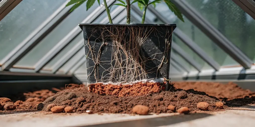 Close-up of cannabis roots emerging from a pot into a rich growing substrate inside a greenhouse.