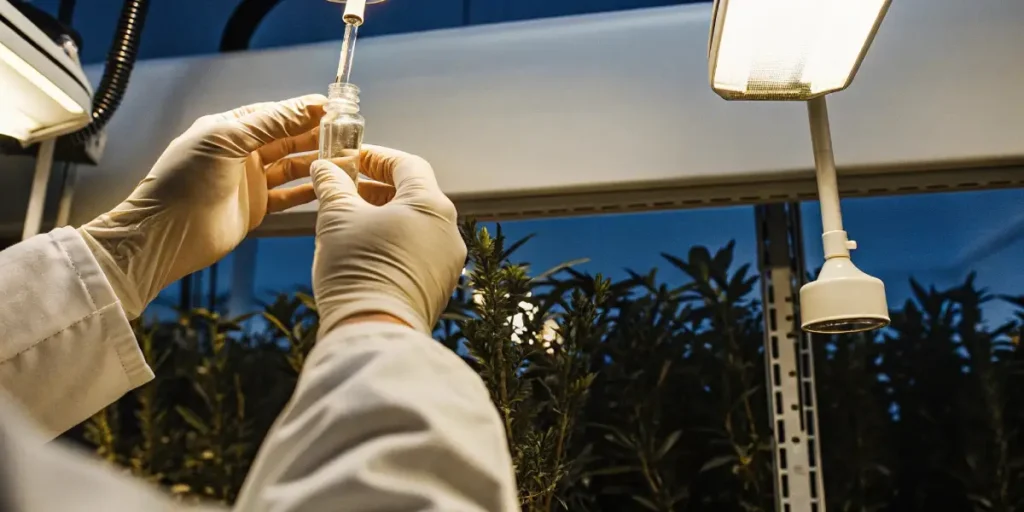 Scientist extracting cannabis sample with dropper into glass vial under laboratory lights.