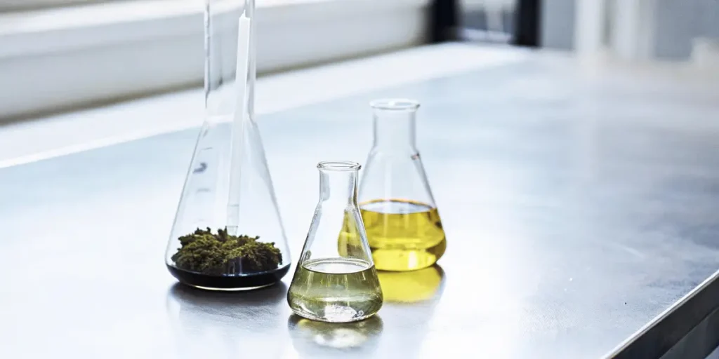 Three flasks containing cannabis samples and oil extracts placed on a metallic lab surface