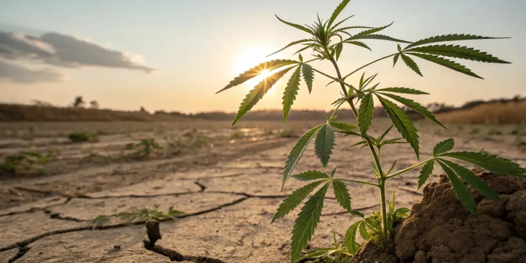 cannabis seedling growing in cracked, dry soil under intense sunlight