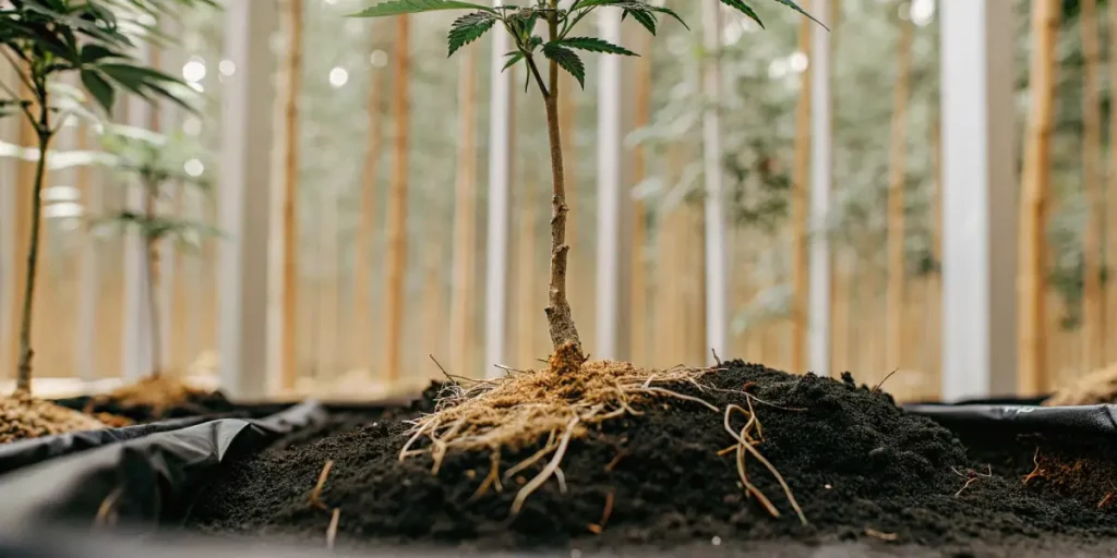 Cannabis seedling with exposed roots in rich soil inside an indoor grow room