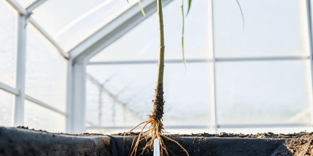 Young cannabis seedling with exposed roots in a greenhouse setting.