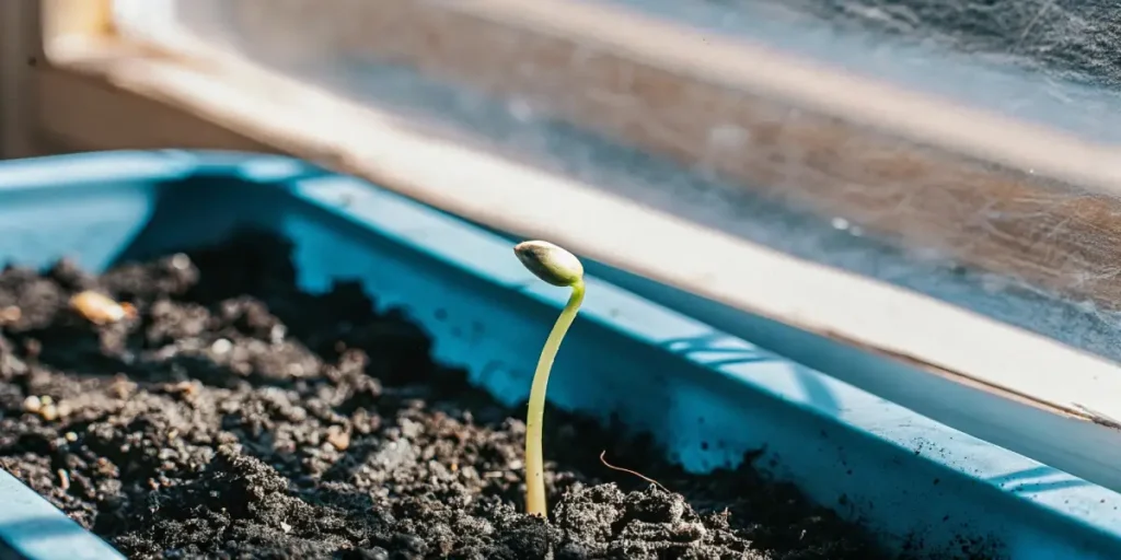 cannabis seedling emerging from soil in a blue plastic container