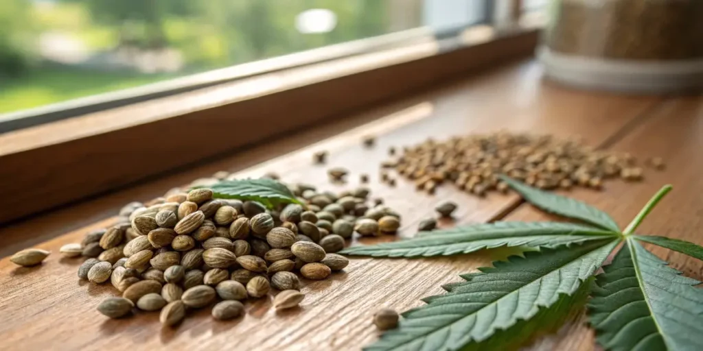 A close-up of cannabis seeds scattered on a wooden surface with a fan leaf in the foreground.