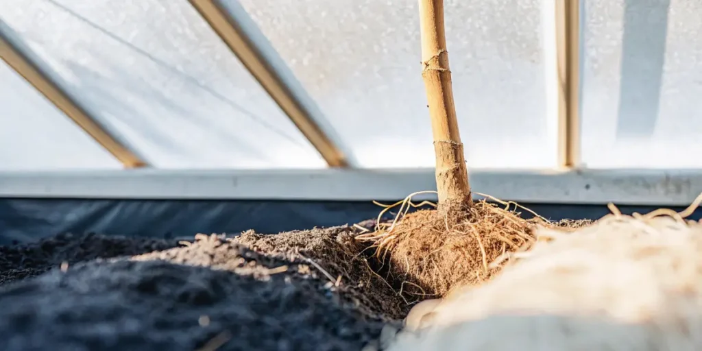 Close-up of a cannabis stem with exposed roots in rich organic soil inside a greenhouse