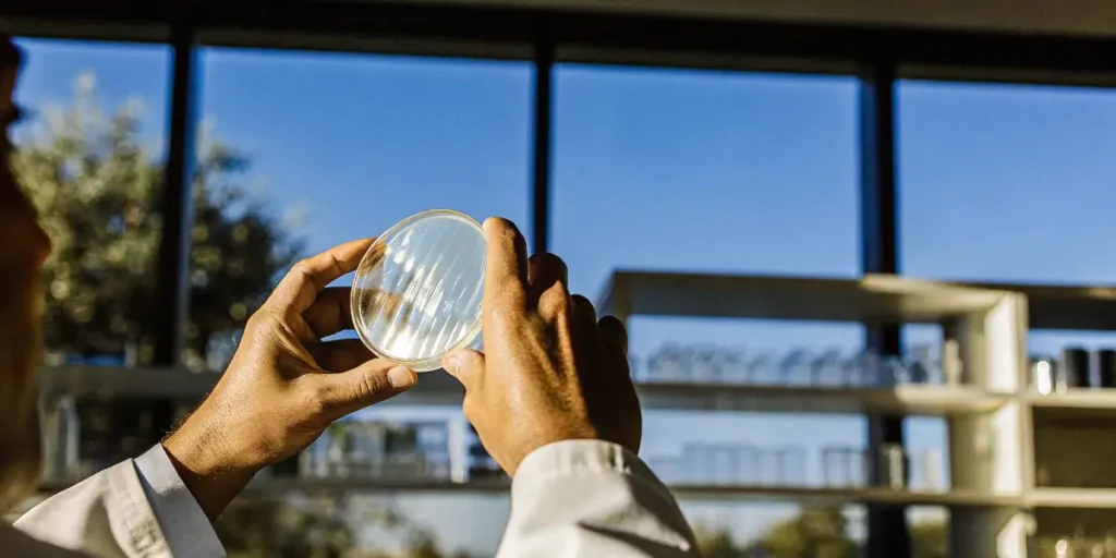 Scientist holding a petri dish with cannabis tissue culture samples under natural light