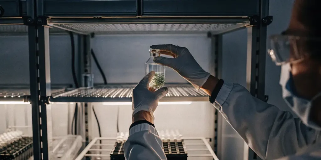 Scientist holding glass vial with cannabis tissue culture in a controlled lab environment.