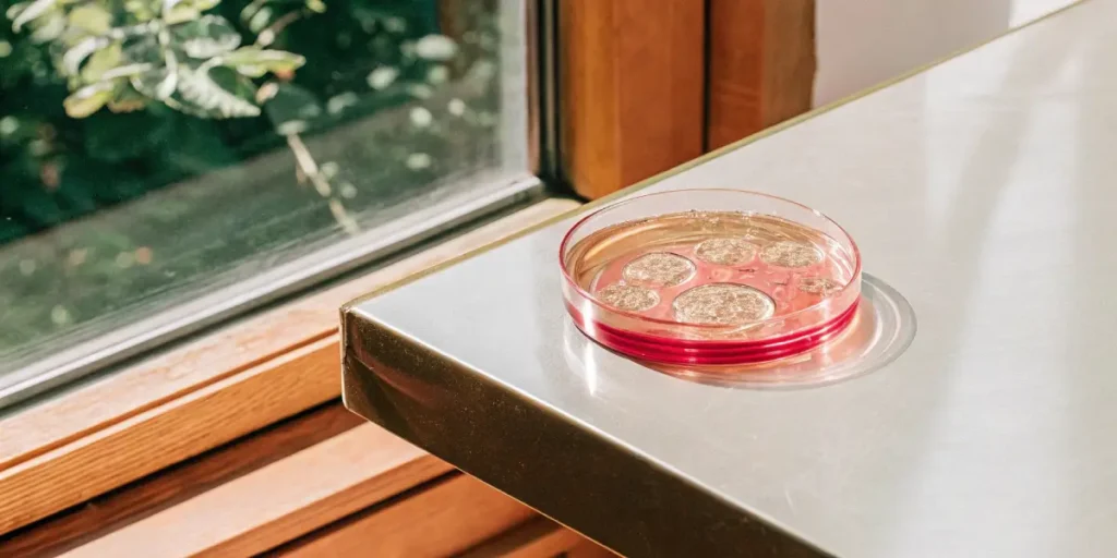 Red-rimmed Petri dish with cannabis tissue culture samples on a lab table near a window.