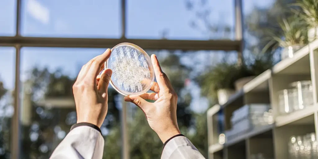 Researcher analyzing cannabis strain growth patterns in a petri dish