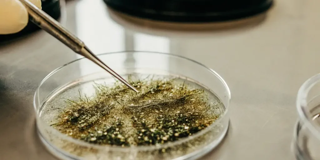 Petri dish with cannabis trichomes being analyzed under a microscope.