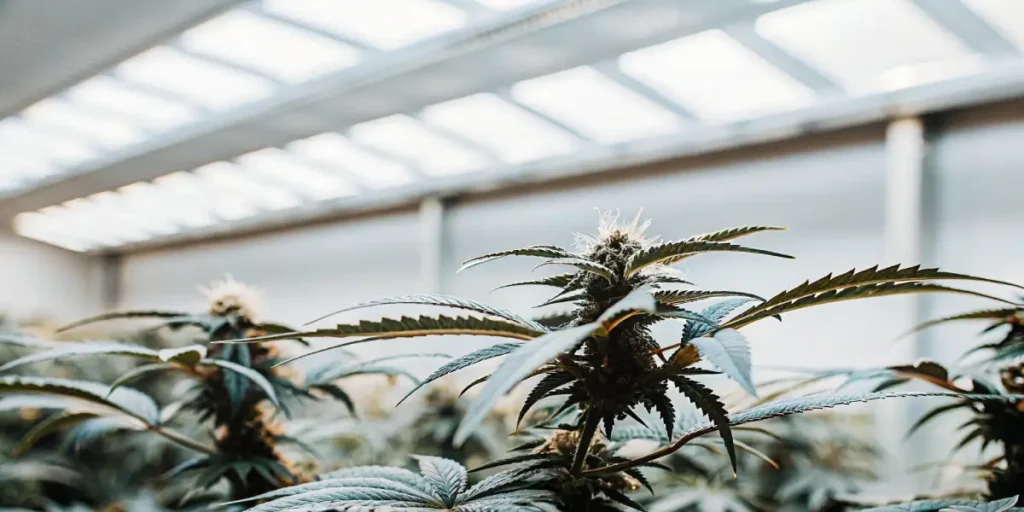 close-up of a cannabis plant in a modern indoor greenhouse with bright skylights