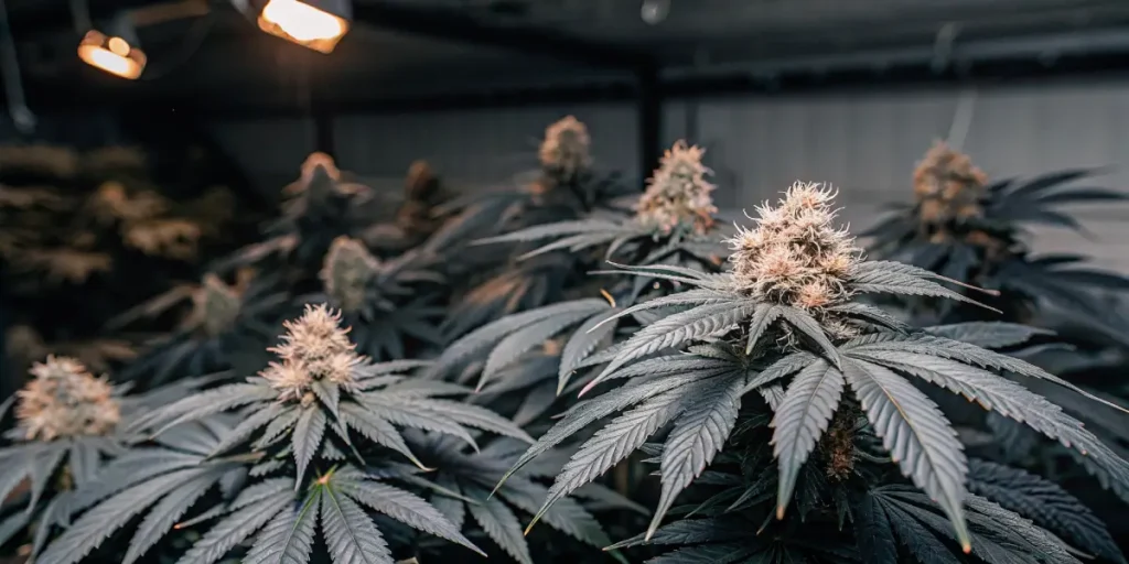 Healthy cannabis plants with dark leaves and frosty buds thriving under artificial light indoors.