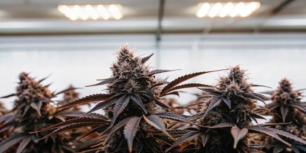Close-up of dense cannabis buds with dark purple leaves growing under bright indoor lights.