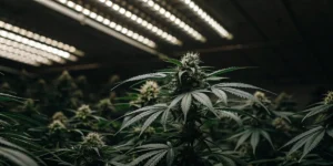 dense cannabis flowers developing under artificial lighting indoors