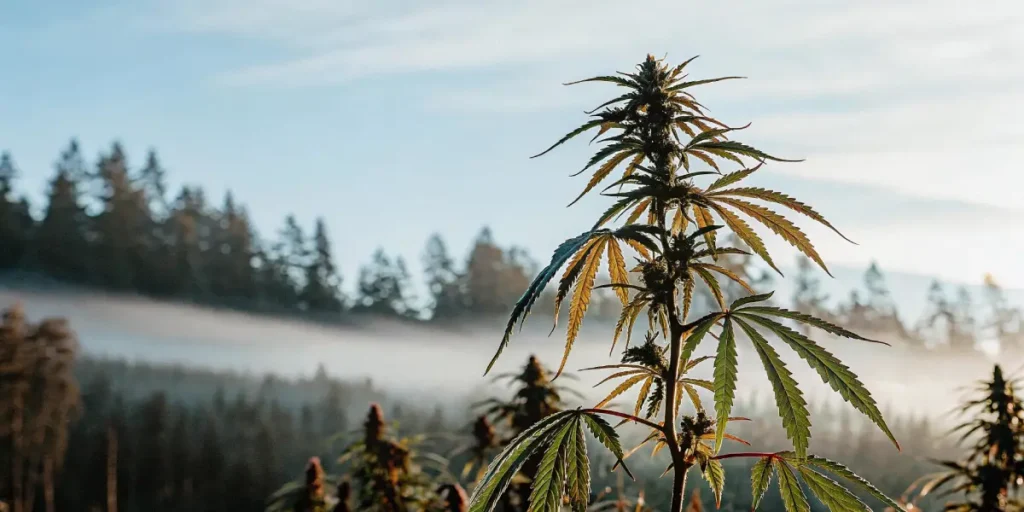 Dew-covered green cannabis plant with lush leaves in outdoor natural light.