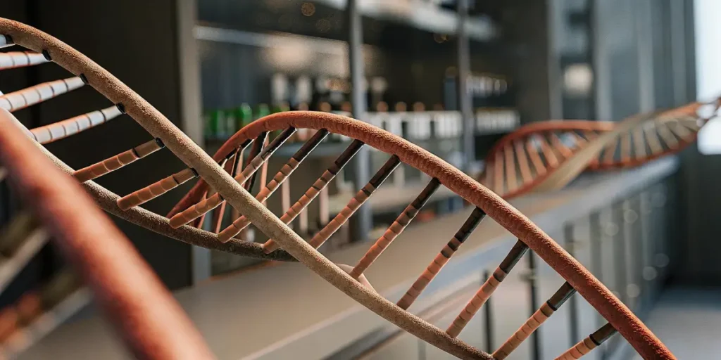 Close-up of a DNA double helix model displayed in a cannabis genetics laboratory