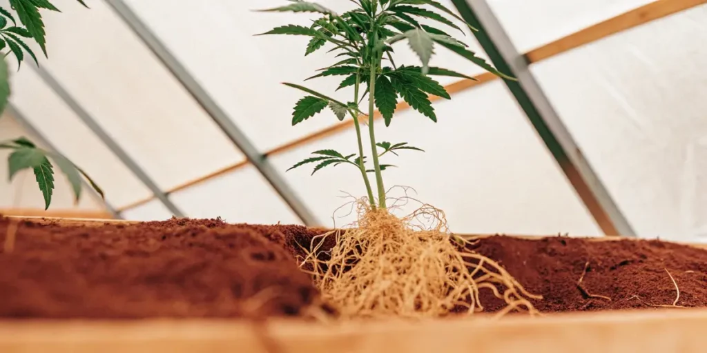 Young cannabis plant with exposed root system in a greenhouse
