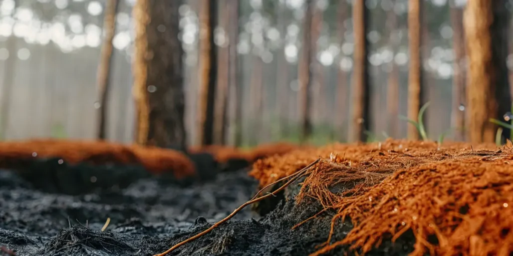 Organic cannabis soil preparation on a forest floor with fresh mulch and dew