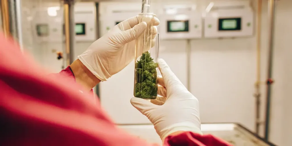 close-up of a lab technician holding a glass test tube with fresh cannabis buds inside
