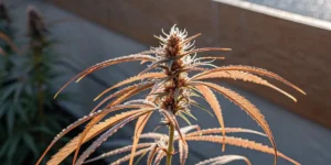 Close-up of a frosted cannabis bud with orange-tinted leaves basking in natural sunlight.