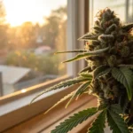 Close-up of frosty cannabis bud on a windowsill illuminated by warm sunlight.