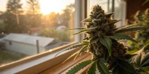 Close-up of frosty cannabis bud on a windowsill illuminated by warm sunlight.