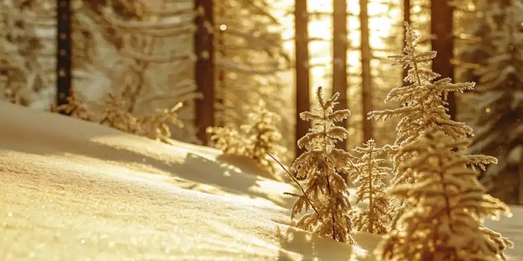 close-up of frosty cannabis buds growing in a snowy forest under soft winter sunlight