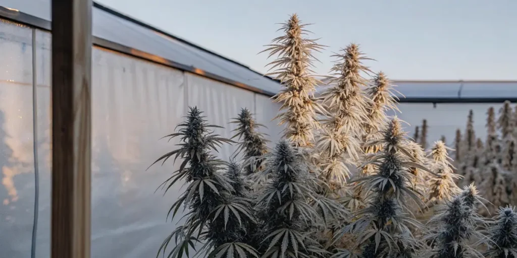 Cannabis plant with golden-tinted leaves illuminated by sunlight inside a greenhouse.