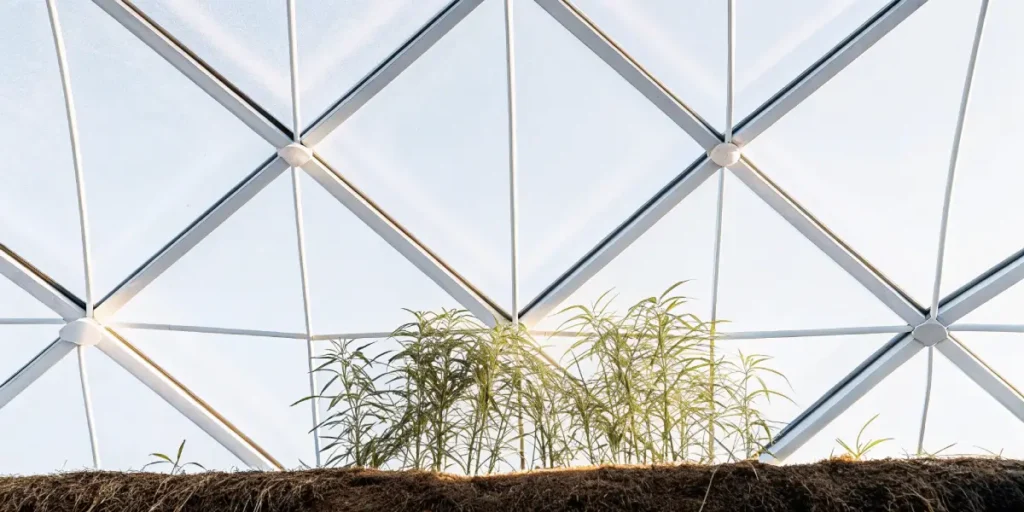 Young cannabis plants growing under a geodesic dome greenhouse structure with natural sunlight.